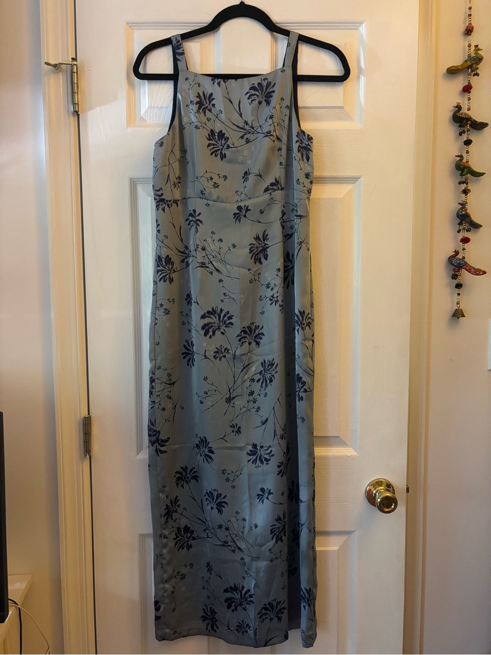 Sleeveless Floral Satin Maxi Dress - Blue